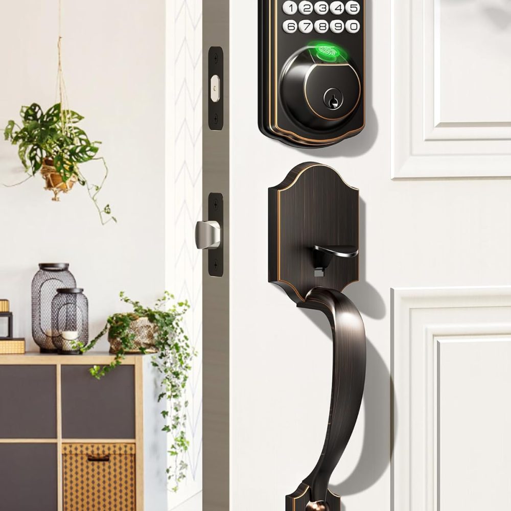 Veise Fingerprint Door Lock Set, Keyless Entry Door Lock, Front Handle Set, Electronic Keypad Deadbolt with Lever Handle, 2 Keys, Auto-Locking, One-time Codes, Easy to Install, Oil Rubbed Bronze