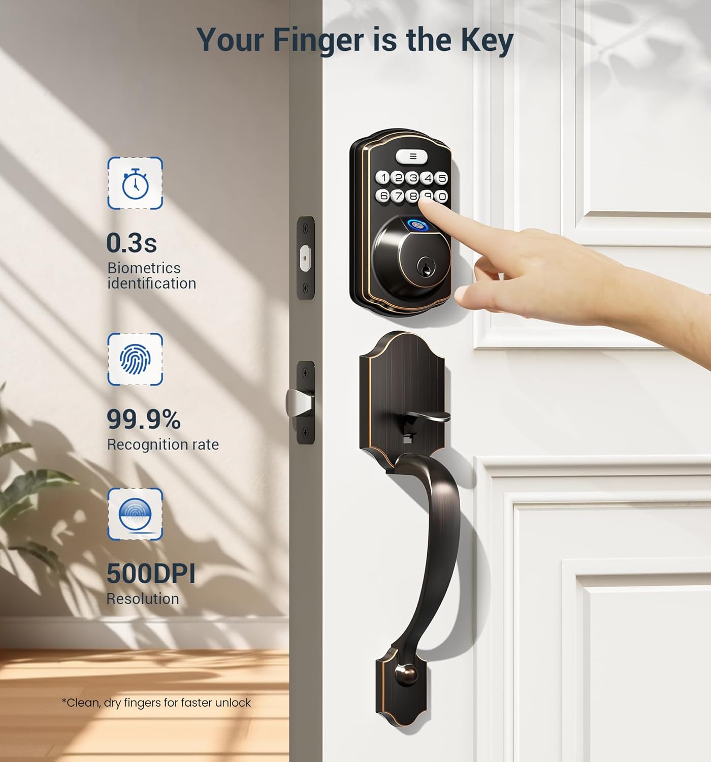 Veise Fingerprint Door Lock Set, Keyless Entry Door Lock, Front Handle Set, Electronic Keypad Deadbolt with Lever Handle, 2 Keys, Auto-Locking, One-time Codes, Easy to Install, Oil Rubbed Bronze - Image 2