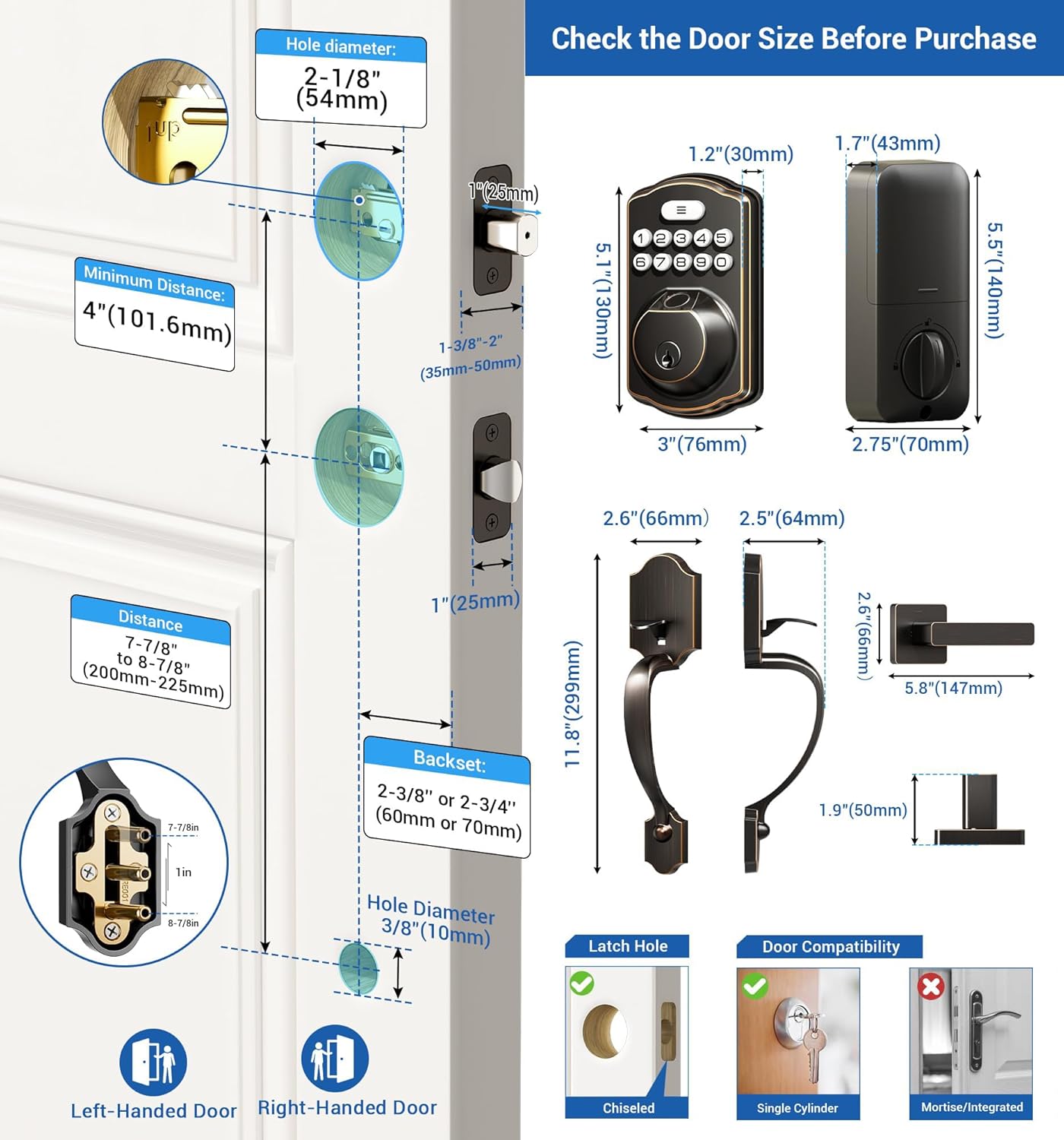 Veise Fingerprint Door Lock Set, Keyless Entry Door Lock, Front Handle Set, Electronic Keypad Deadbolt with Lever Handle, 2 Keys, Auto-Locking, One-time Codes, Easy to Install, Oil Rubbed Bronze - Image 6